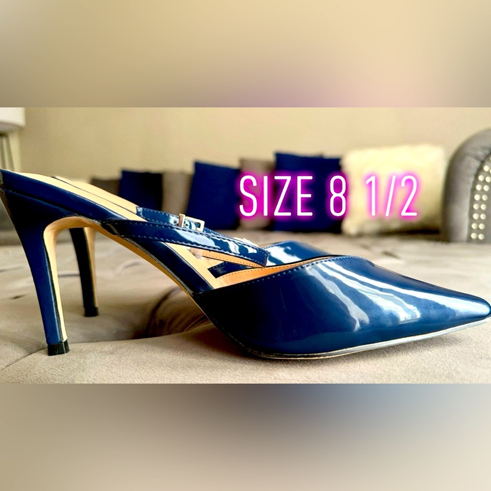 Blue back strap heels.